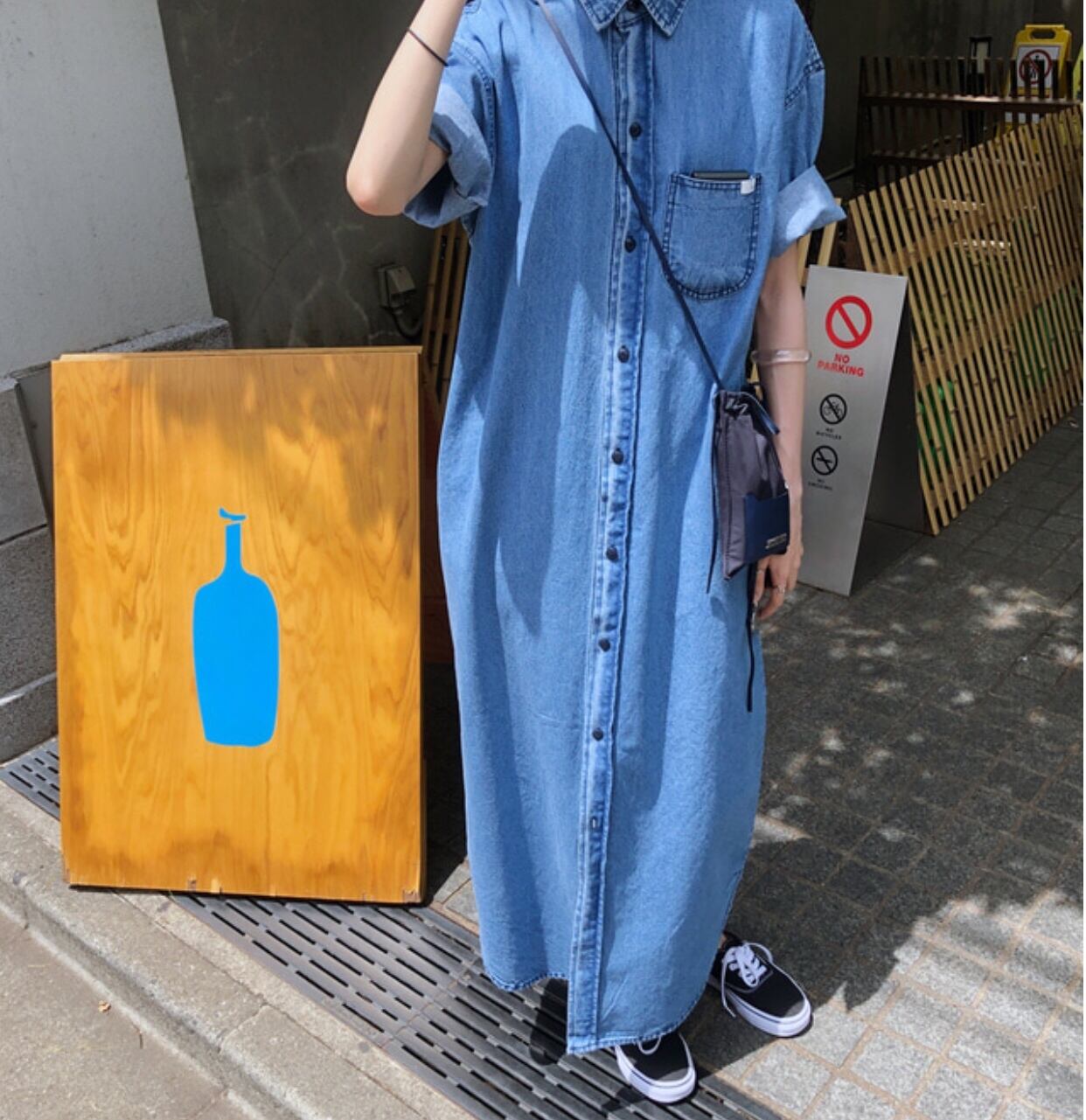 One Piece Denim Casual ワンピース シャツワンピ デニム ジーンズ 半袖 ロング丈 マキシ丈 シンプル 大人 可愛い カジュアル レトロ こなれ感 ラフ オシャレ デイリー お出かけ デート お買い物 春 夏 レディース Sea Sign Post