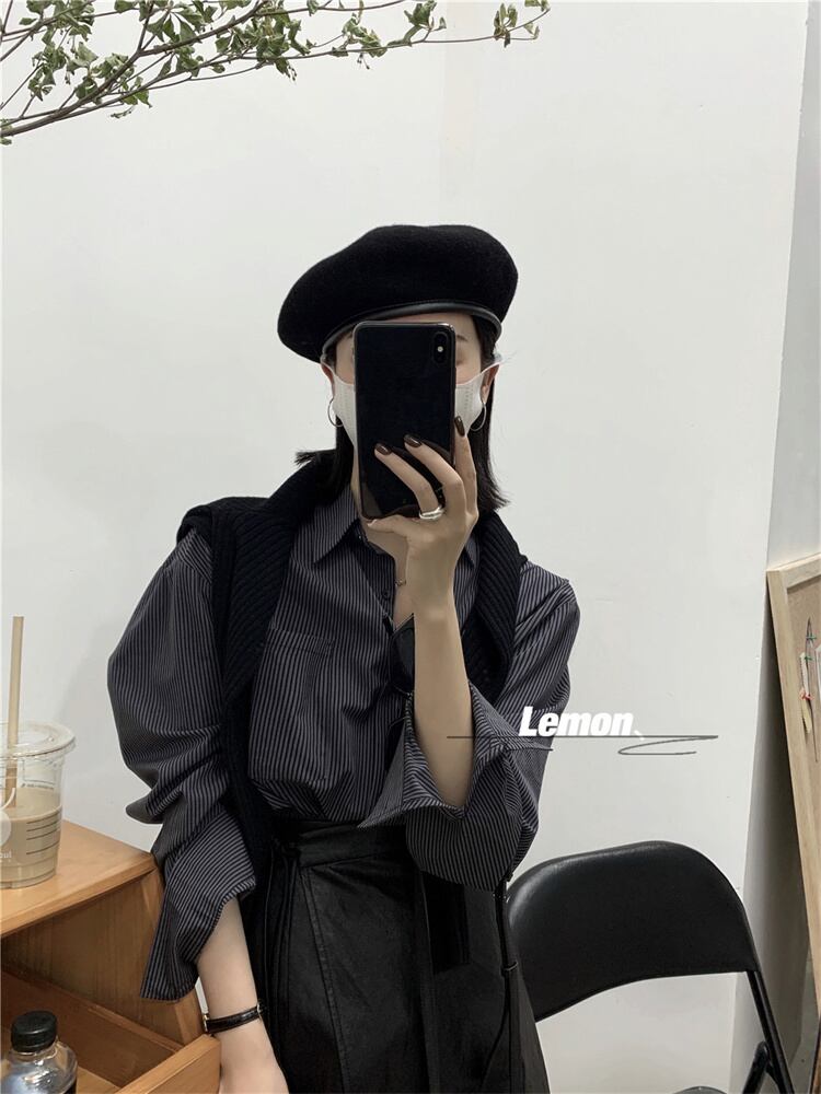 スタイルストライプシャツ トップス オータム薄手カラーカジュアル ロング 秋物 ビッグFスモールZ韓国99518648713