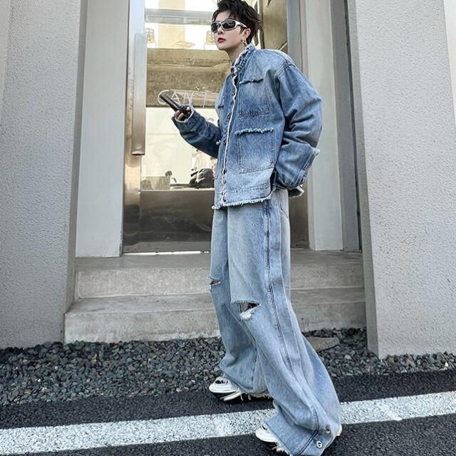 予約販売】メンズ セットアップ メンズ デニム カジュアル ダメージ