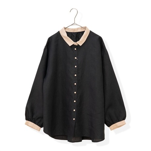 【blue willow】リネン１００％　配色ロングシャツ  ブラック