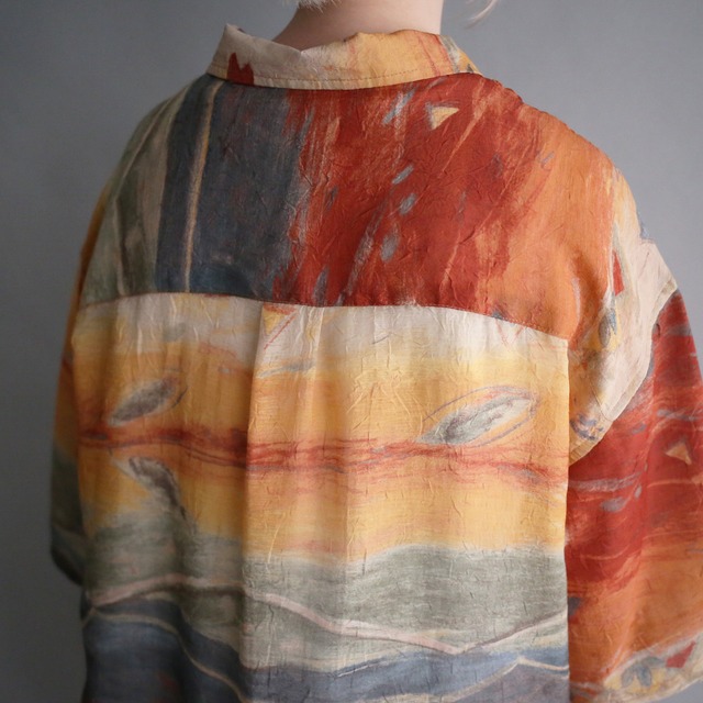 ”皺” fabric gradation art color pattern loose h/s see-through shirt