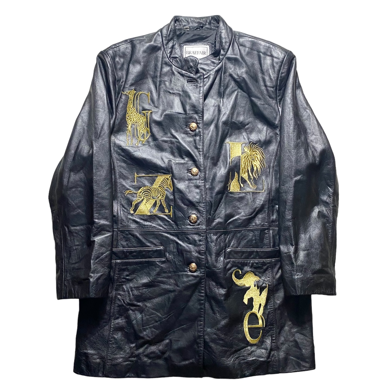 vintage 1990’s animal embroidery black leather coverall coat