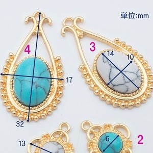 【H126-3】天然石ターコイズ×合金石座 しずく型チャーム 2個