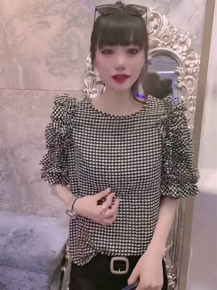 格子柄トップス Tシャツ シャツ レディースルーズ薄手ラウンドネックスプリングスタイル 春物 Oネック ミックスインファッション52930515047