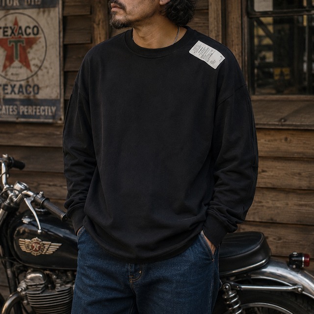 Label patch drop shoulder round hem sweatshirt 00249