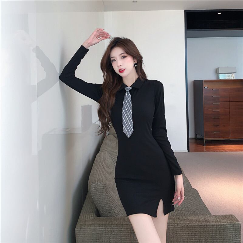 【dress】ネクタイ付きシャツワンピース Q8088