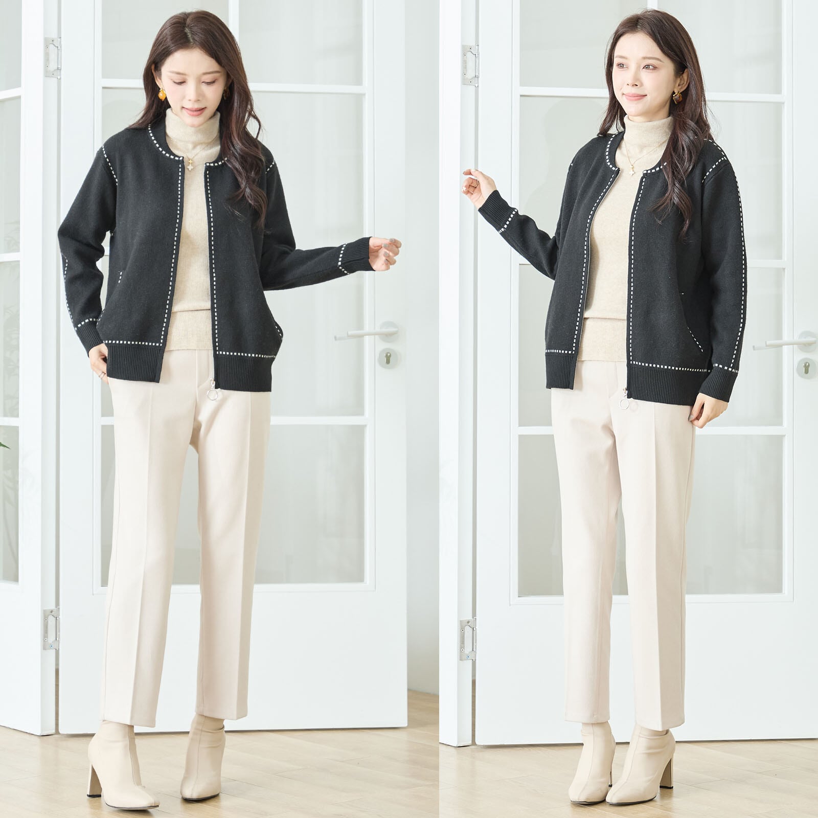 【M〜L】配色ステッチジップアップニットカーディガン(N25-210A)