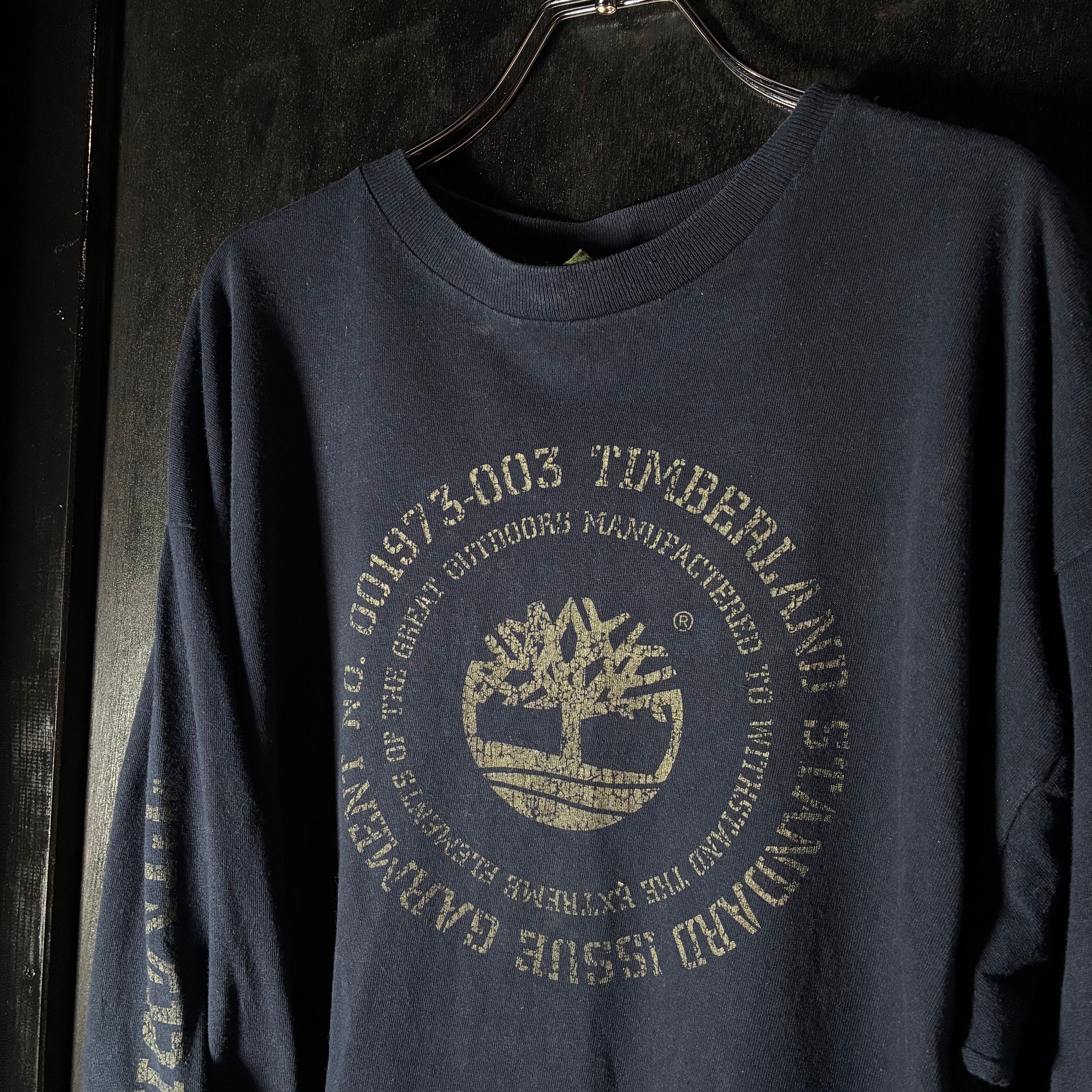 ティンバーランド 90s ヴィンテージ 肉厚ロンT 刺繍ロゴ 古着 XLネイビー 90s USA製 Timberland ロンT 袖プリント ネイビー