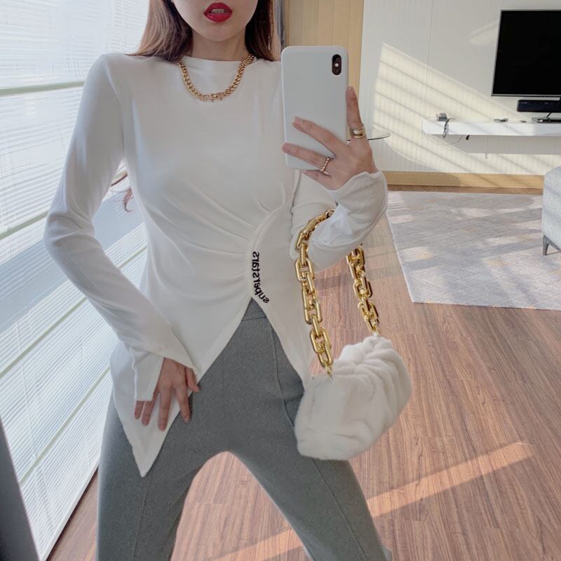 ニットシャツ Tシャツ レディーススプリングホワイトスリットトップス ロング 春物 ブラックストロベリース57360936080