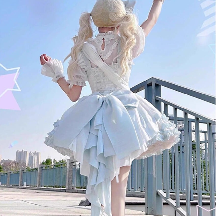 アイドル衣装｜空色フリルとロングトレーンリボンが揺れる JSK