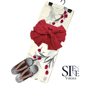 浴衣ジェンヌ 浴衣3点セット オフホワイトに赤のチューリップ 兵児帯 ゆかた 浴衣セット