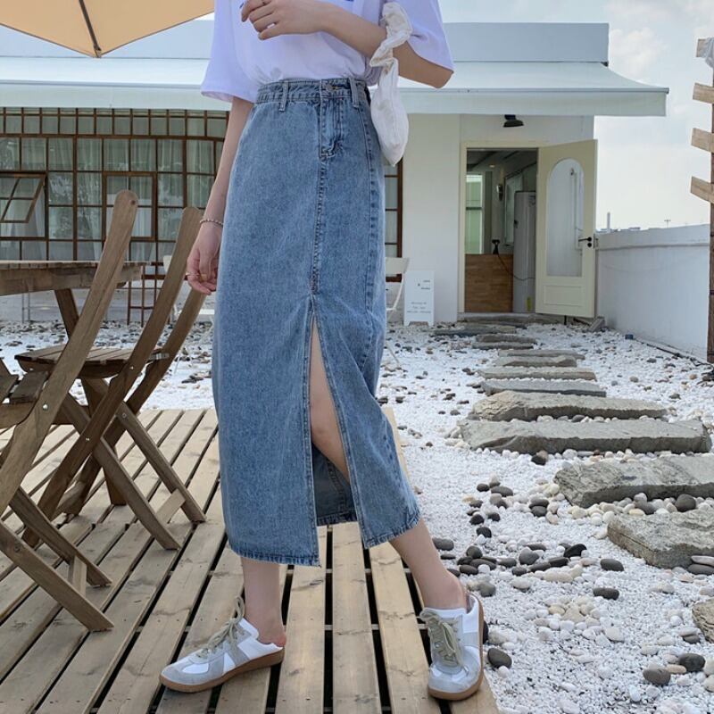 スカート スプリングオータムスタンダードスリット薄手ハイウェストウェストAライン レトロ 春物 秋物 1号婦人84509887663