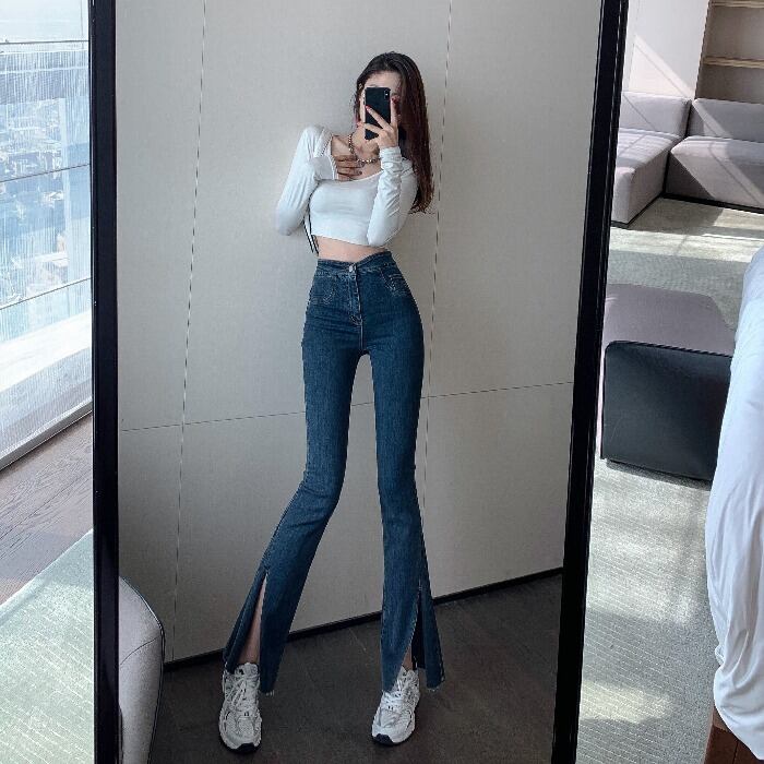 パンツ スプリングオータムスリットスリムスタンダードハイウェストウェストジーンズ レトロ 春物 秋物 ドラファッションホール64727544837