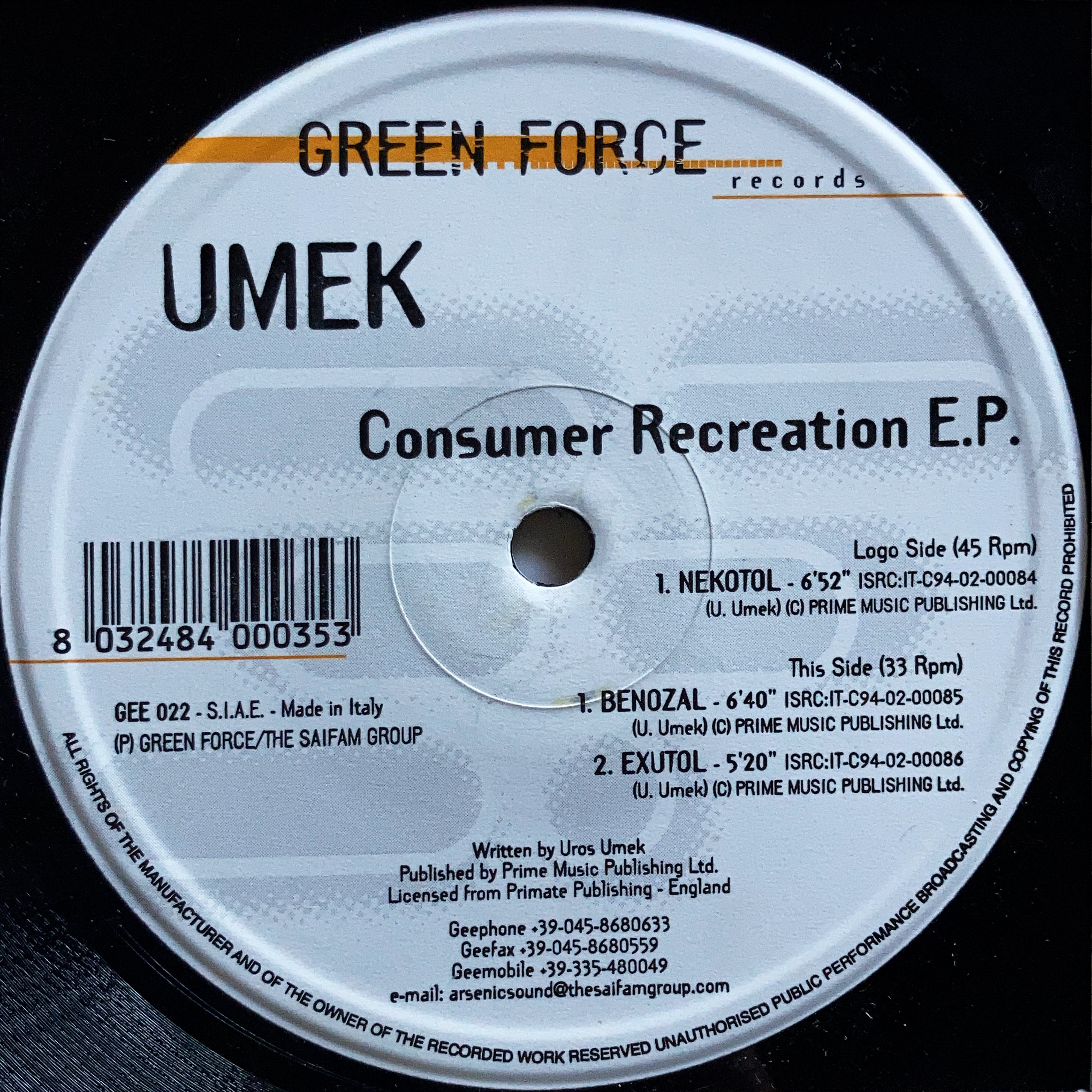 12”】Umek / Consumer Recreation E.P. (Green Force) (GEE 022) | cpvinyl  ￥3,000以上の購入で送料無料！テクノ/ハウス/ミニマルの中古アナログレコードを販売