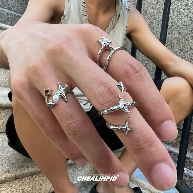 【CHEALIMPIDシリーズ】★指輪★ 4color 飾り物 アクセサリー 開け口調整可 星 個性的 ユニセックス