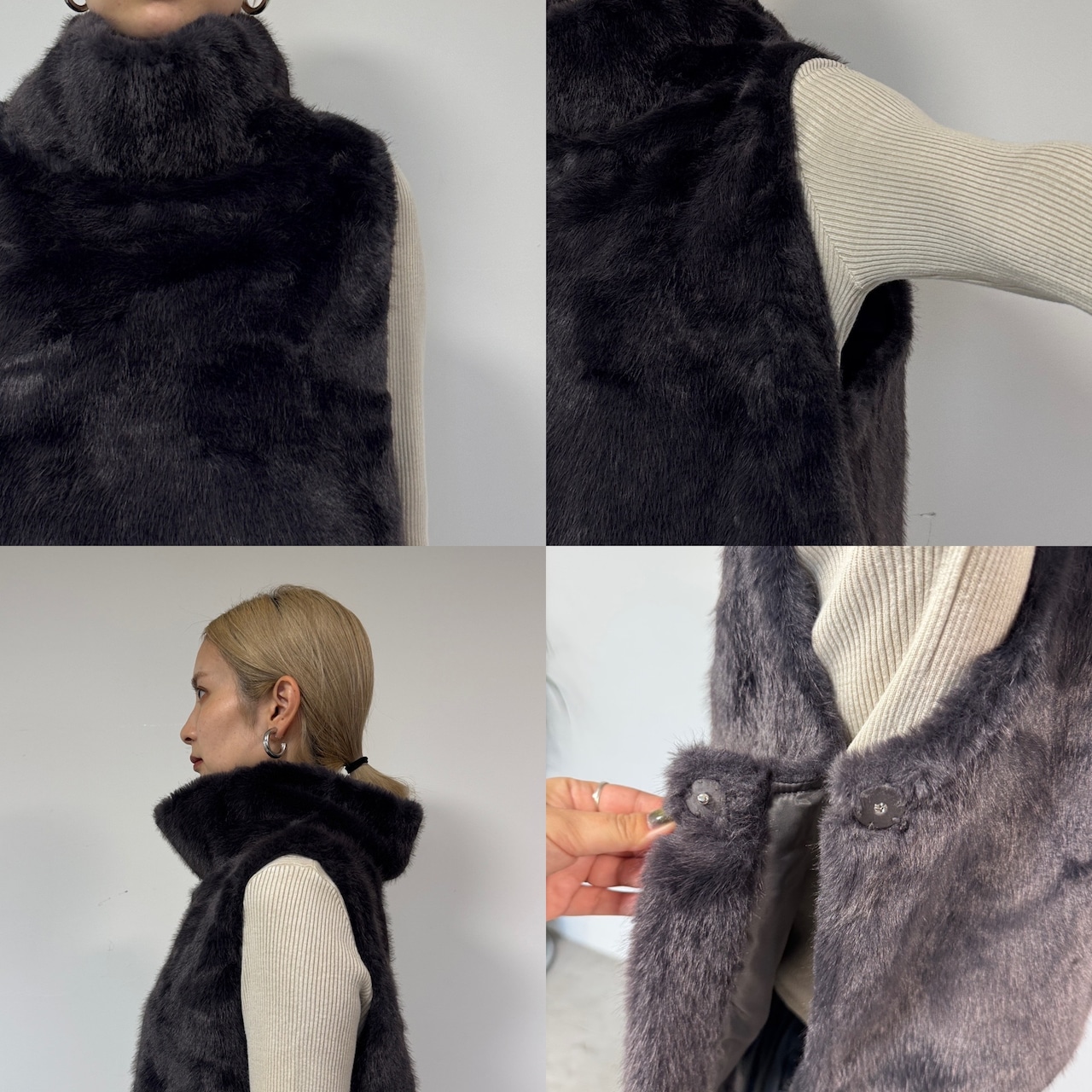 サイドボタンハイネックファーvest/ブルーグレー