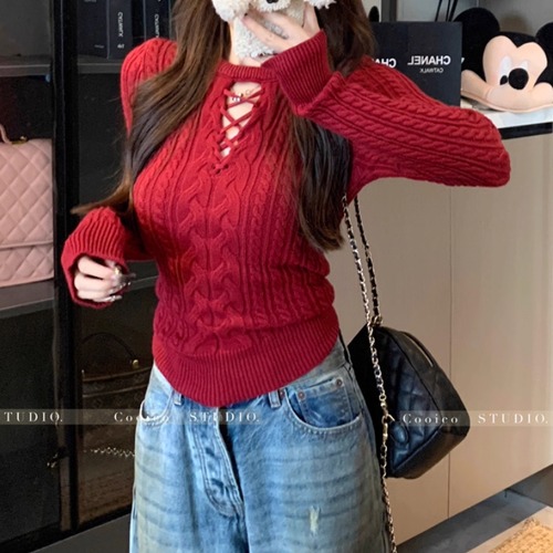 6色／レースアップネックケーブルニット ・73267