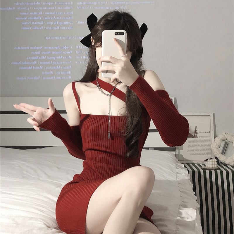 ニットドレス ウェストストラップレスショートスカート スプリングレッド ロング 春物 ブラックストロベリース65252379448