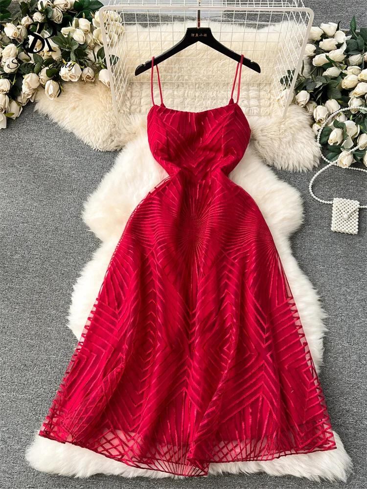 Sing補強-女性の気質ロングドレス、スパゲッティストラップ、ノースリーブ、ソリッド、上級、刺embroidery、メッシュ、パーティードレス、ファッション_311