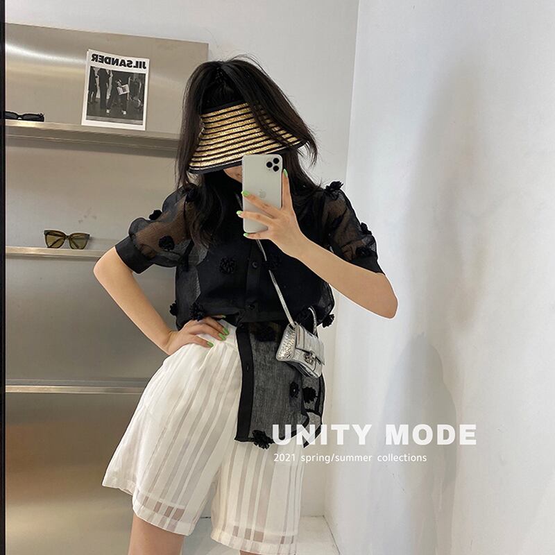 パンツ サマーカジュアルソリッド カラージャカードストライプストレッチウェストハイウェストショーツ エラスティック 伸縮 夏物 ブルマー ソリッドカラー ビッグFスモールZ韓国3841458869