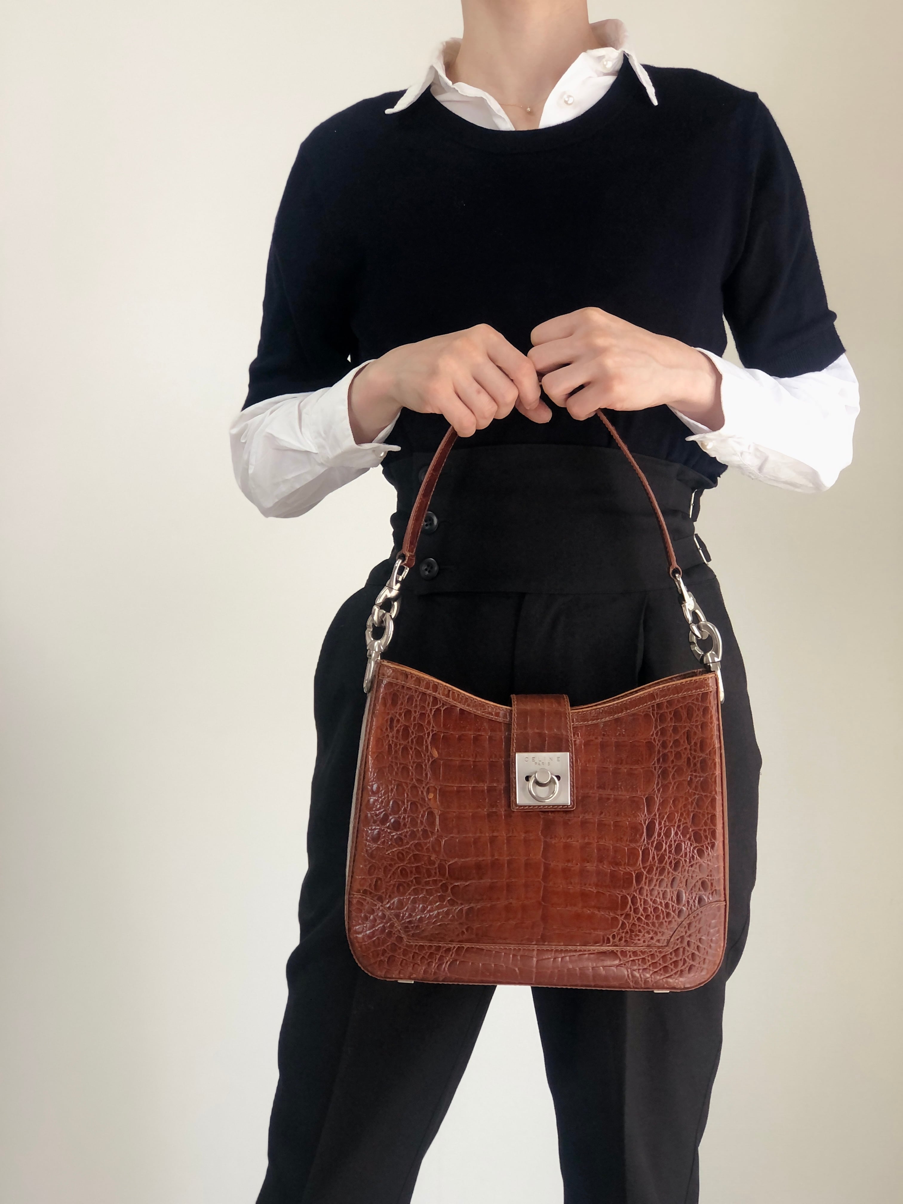 CELINE セリーヌ ショルダーバッグ ブラウン ガンチーニ レザー クロコ型押し vintage ヴィンテージ オールド zaumvu