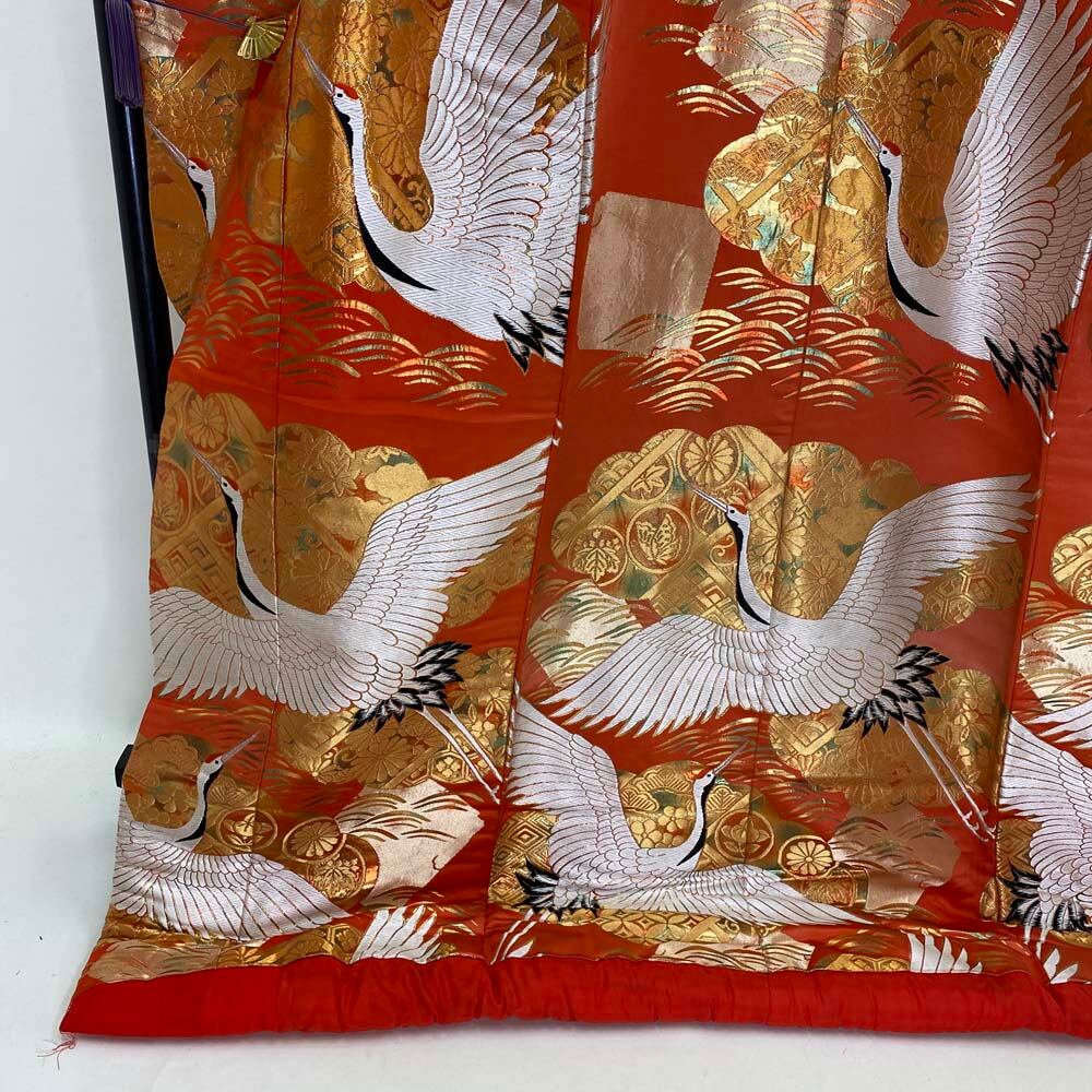 色打掛 正絹 鶴 刺繍 金 オレンジ 打掛 花嫁衣裳 婚礼 リサイクル 中古  