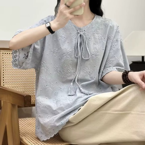 4色/フラワー刺繍タッセルリボンブラウス ・11941