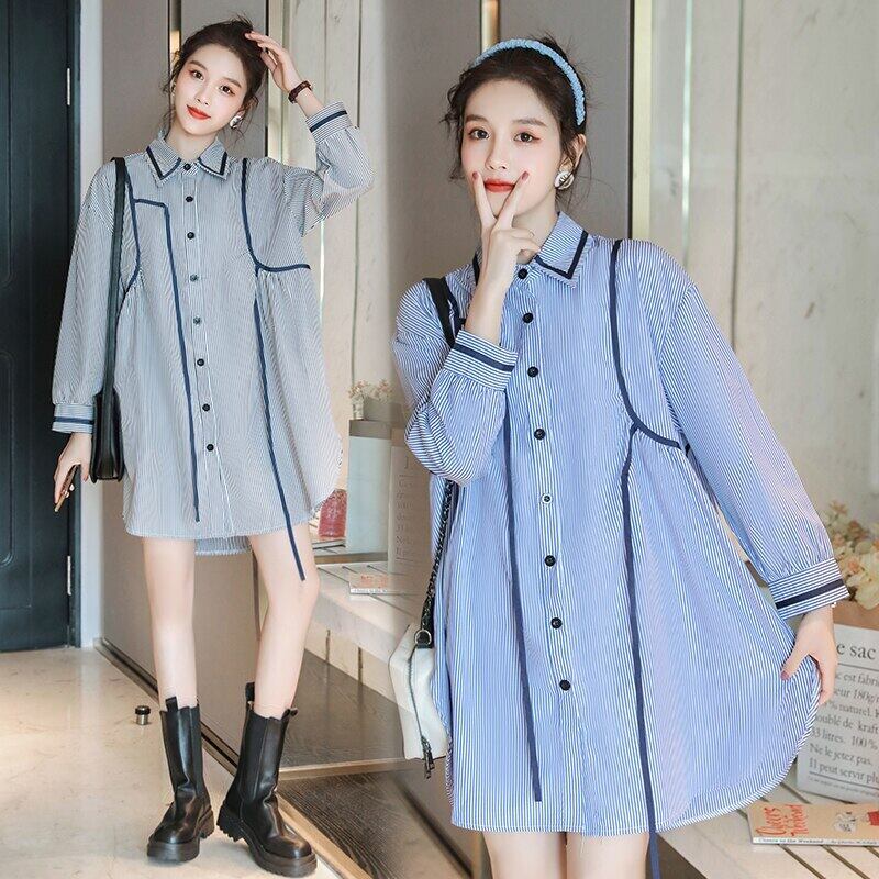 【新作】【送料無料】 6311＃マタニティ服春秋コットン長袖ルーズスタイリッシュストライプドレス妊婦ママドレス ロング スプリング 春物 オータム 秋物 AL expec368571612323