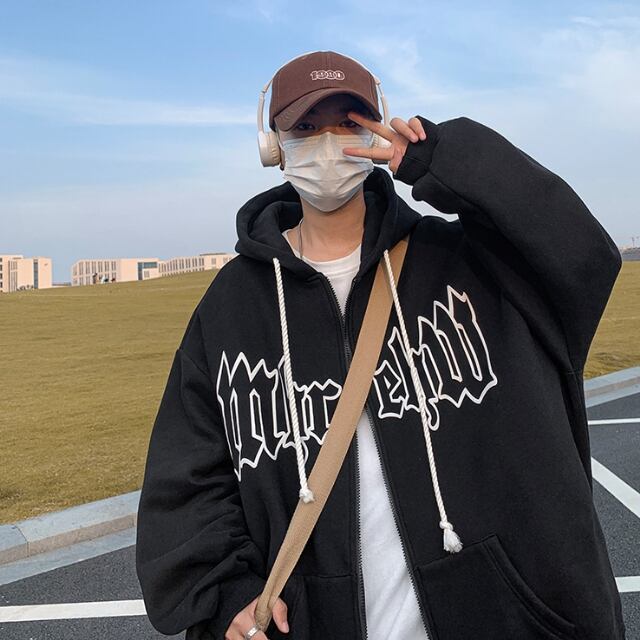 予約販売】ビッグシルエット パーカー メンズ ブラック アイボリー