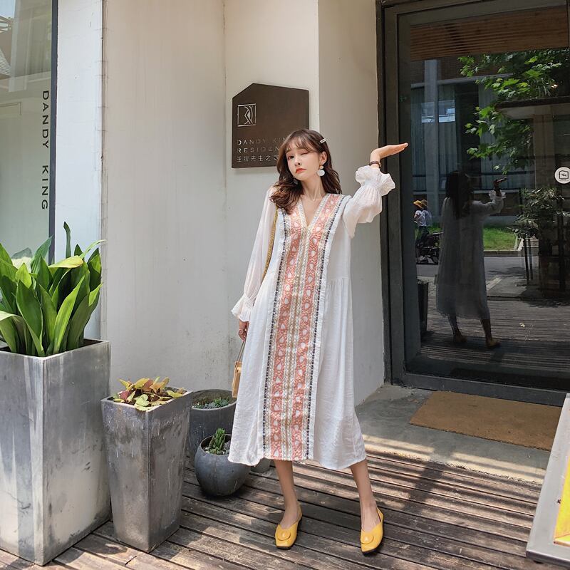 エスニックロングスカート ボヘミアンスタンダード刺繍長袖スリーブVネックルーズドレス レトロ 延命家ファッション8668737