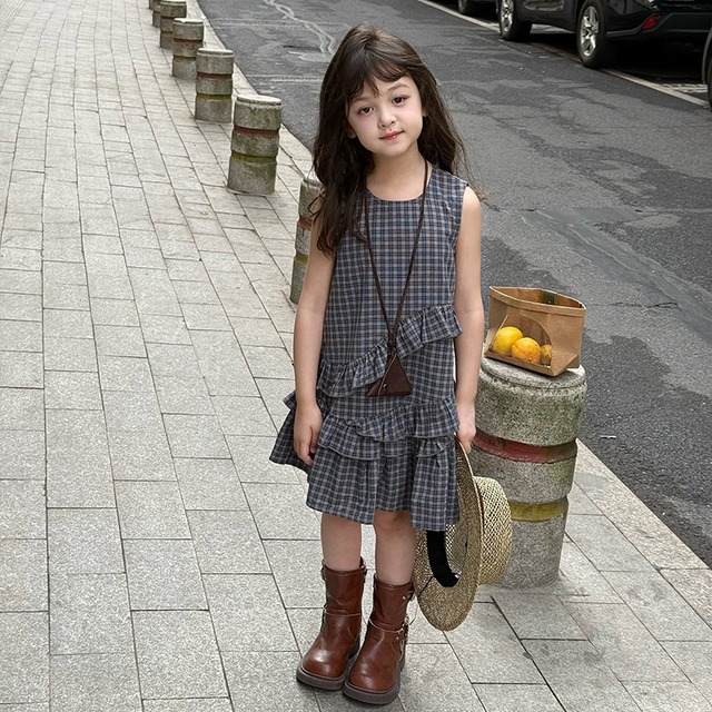 【 キッズ　90-170cm 】チェックフリルワンピース/親子リンク/お揃いコーデ