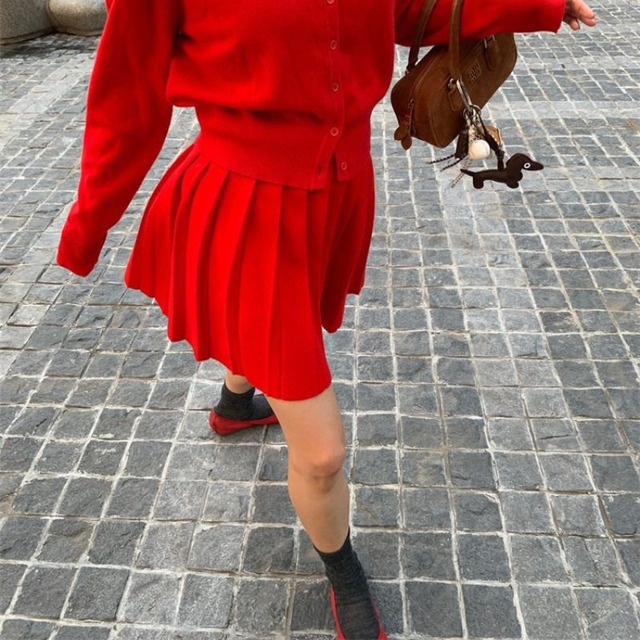 【SET UP可】Short pleated knit skirt 00511