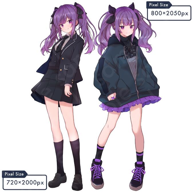 立ち絵素材】ツンデレな雰囲気の紫ツインテールの女子高校生のイラスト