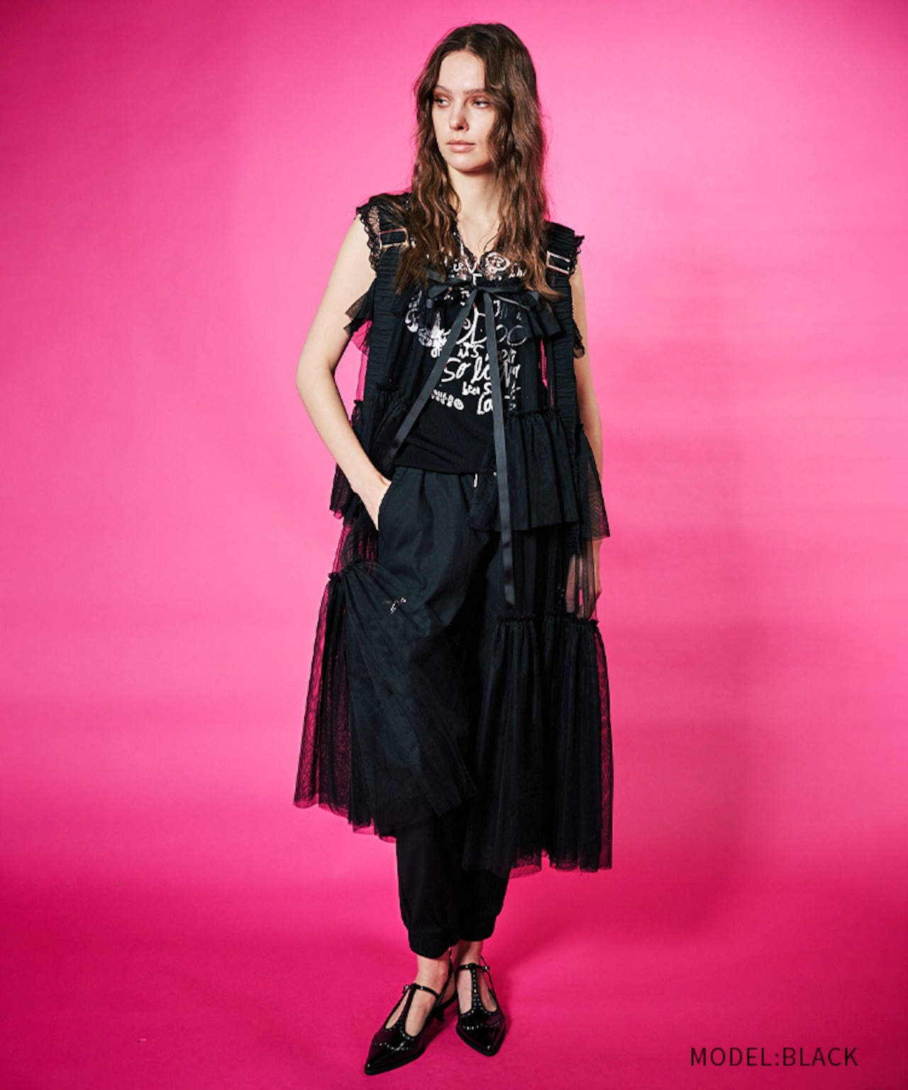 ボリュームフリルチュールシアードレス (BLACK) CQ-48111