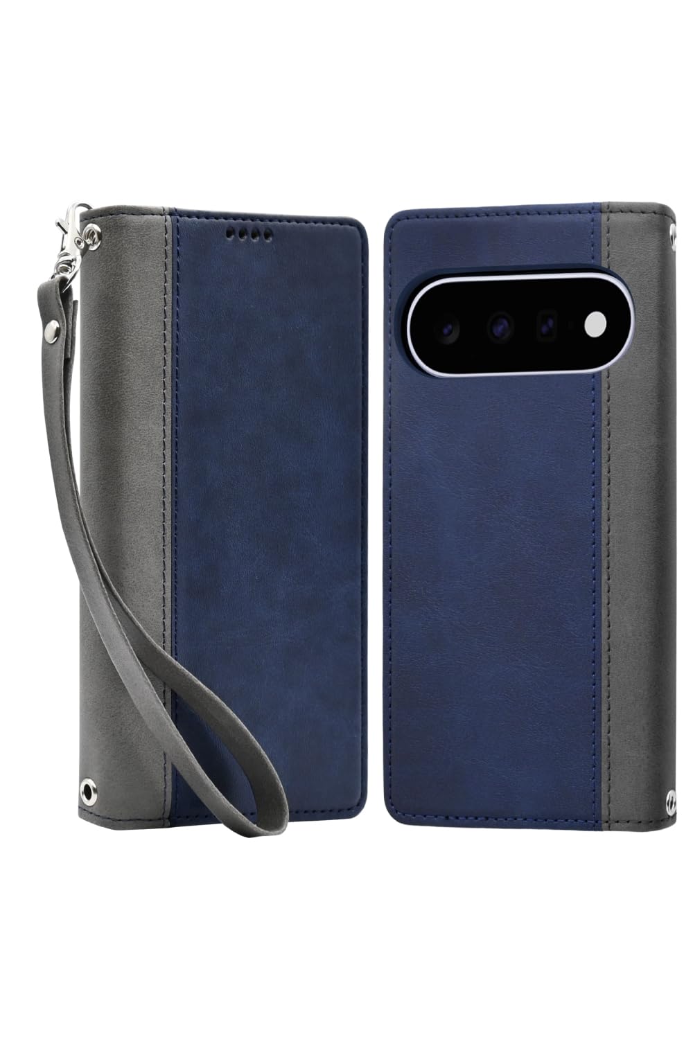 シズカウィル Google Pixel 11 用 / 11 Pro 用 ケース カバー 手帳型 本革調 レザーケース ネイビー×グレー 1個入り