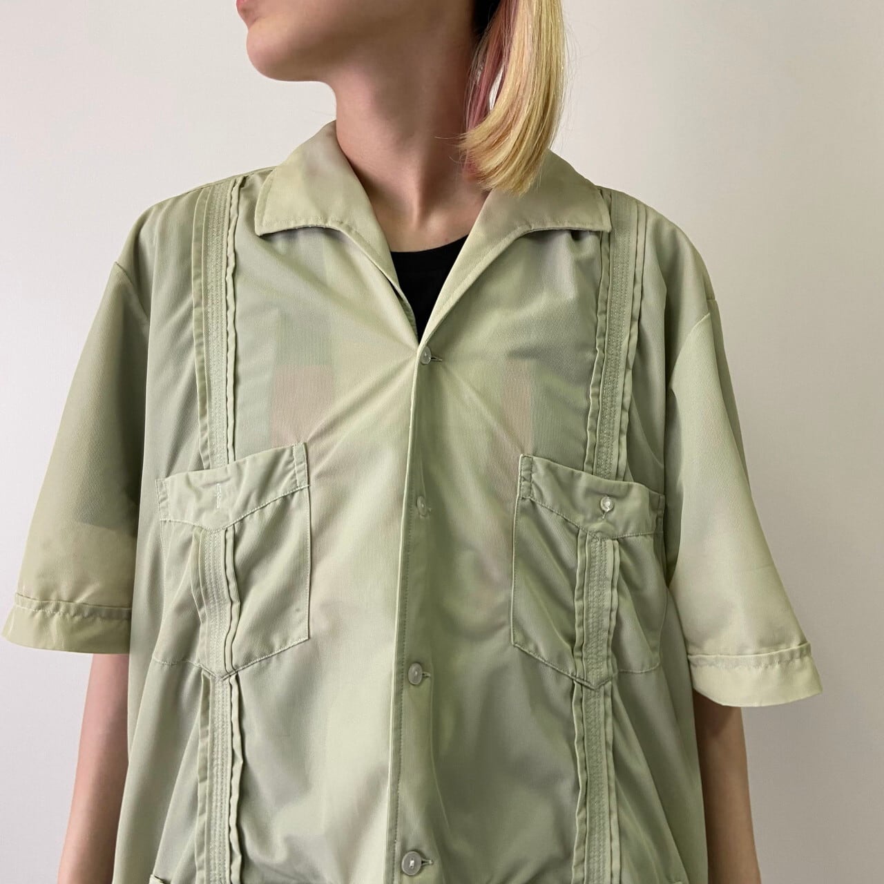 60年代 70年代 ヴィンテージ Panabrisa Corona 半袖 タック ポリエステル メッシュ 開襟 キューバシャツ メンズl 古着 60s 70s ビンテージ ヴィンテージ オープンカラー ピスタチオ グリーン 緑 半袖シャツ Ss27 Cave 古着屋 公式 古着通販サイト