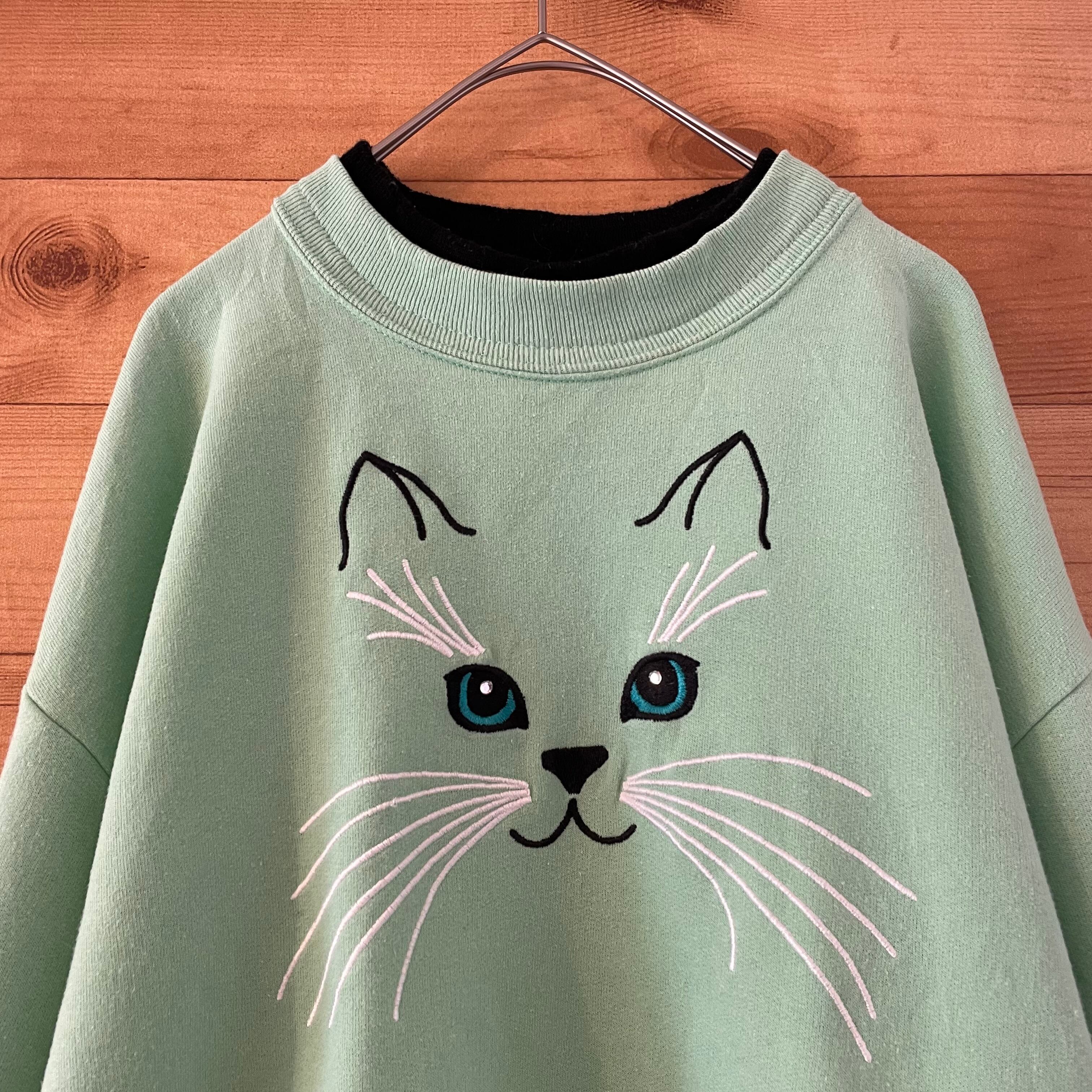 US古着】猫 刺繍プリント スウェット トレーナー ネコ アメリカ古着