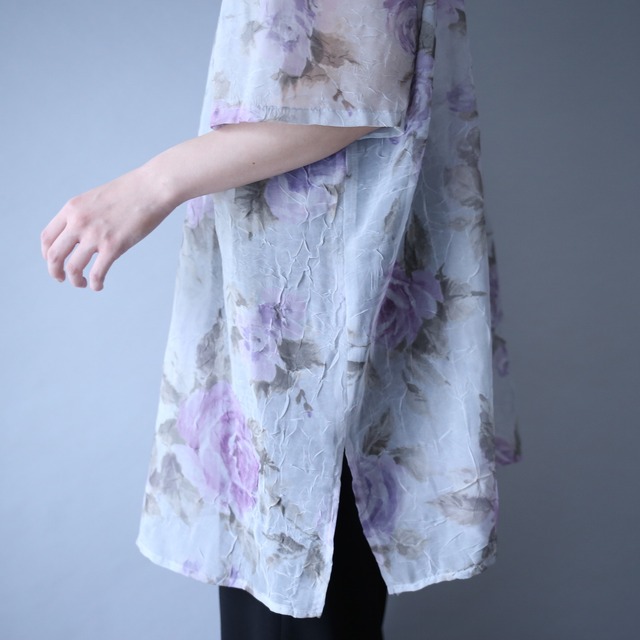 flower art pattern wrinkle fabric h/s see-through shirt