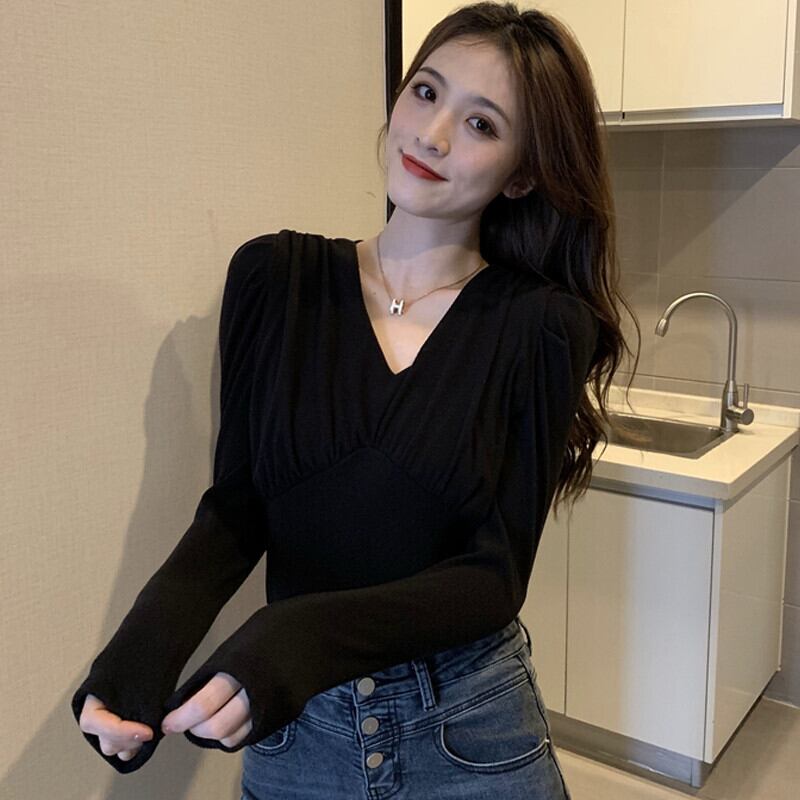 プリーツスリムフィットVネックTシャツ シャツ オータムソリッド カラーウェスト ロング ブラウス 秋物 ソリッドカラー ガールズファッション24615870824