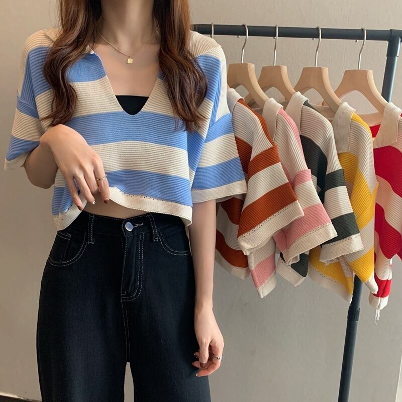 ルーズストライプセーター ショートTシャツ トップス シルク YY-ファッション47543862137