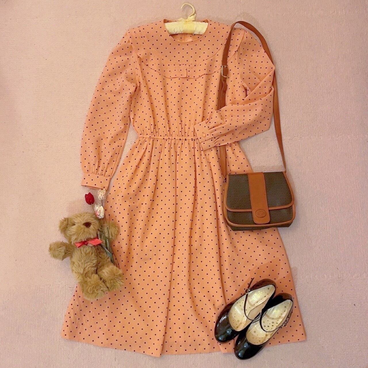 coral pink round frill dot one-piece