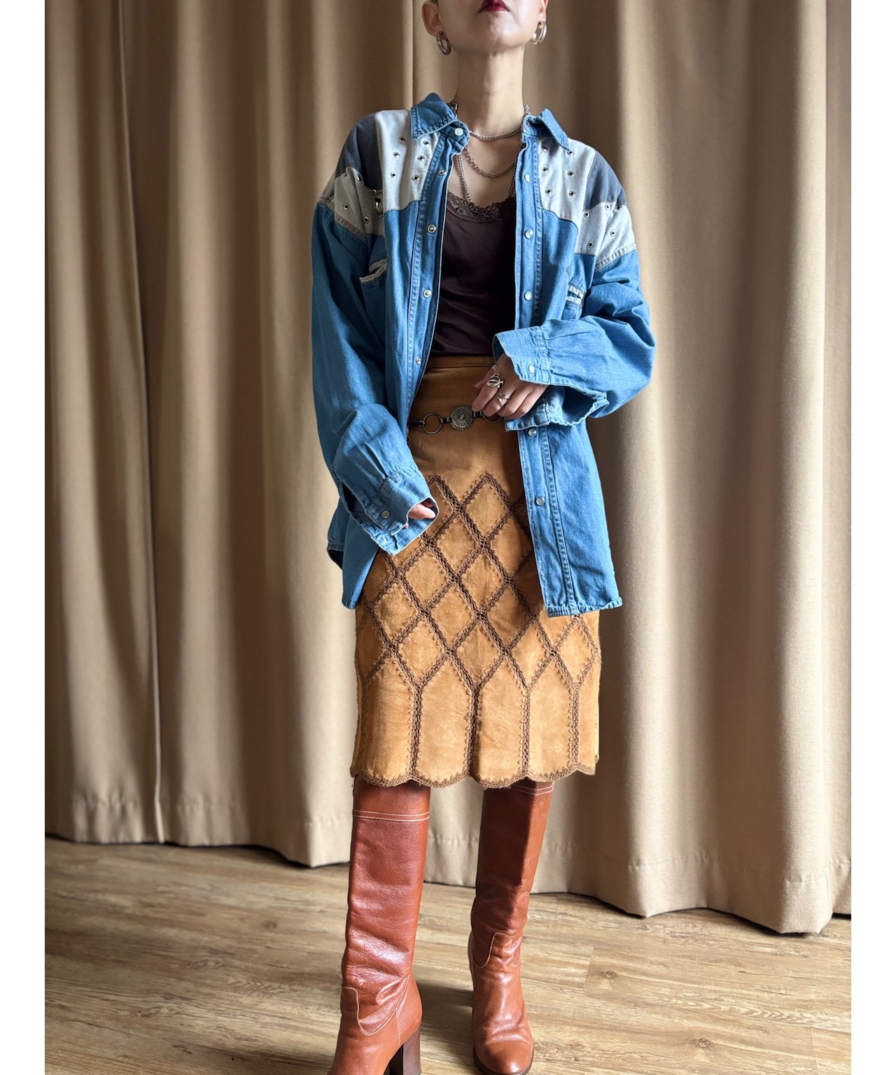 patchwork design pigskin skirt-4530-3