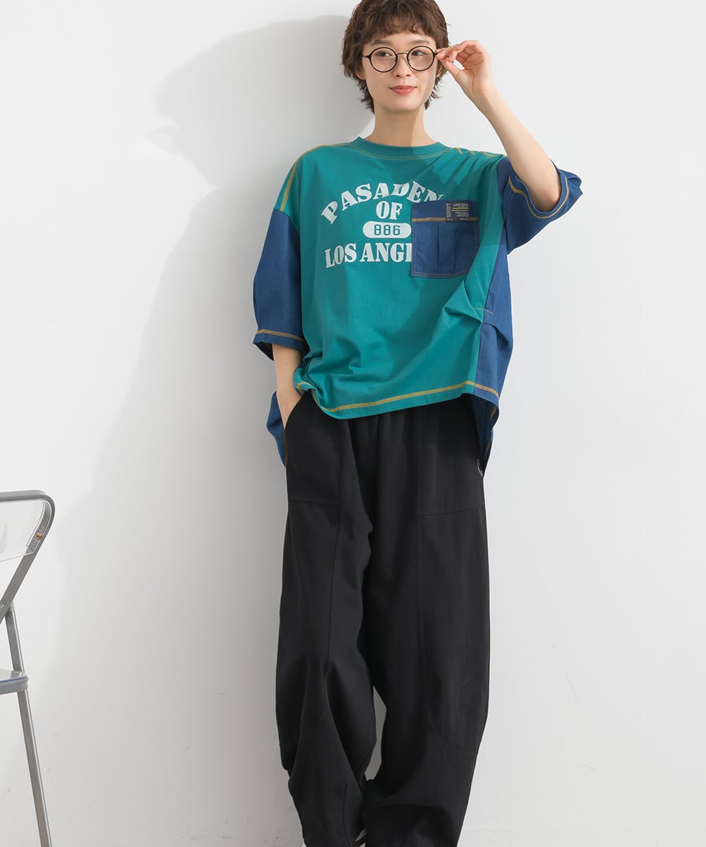 J262062 デニム切替リメイク風ロゴプルオーバー / Denim Panel Remake