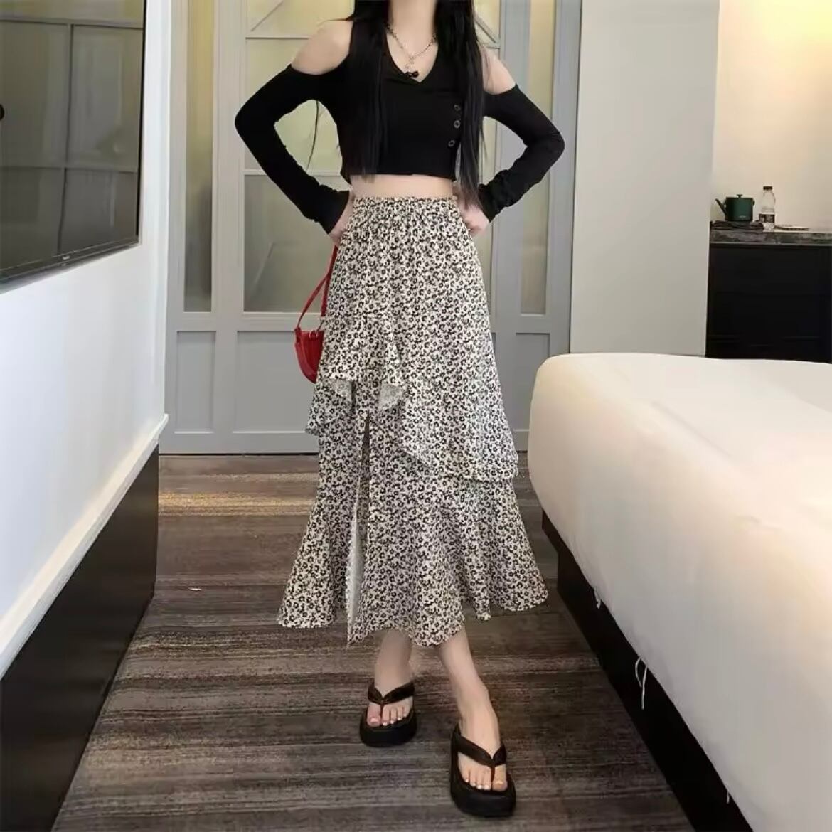 フリルフラワースリットスカート