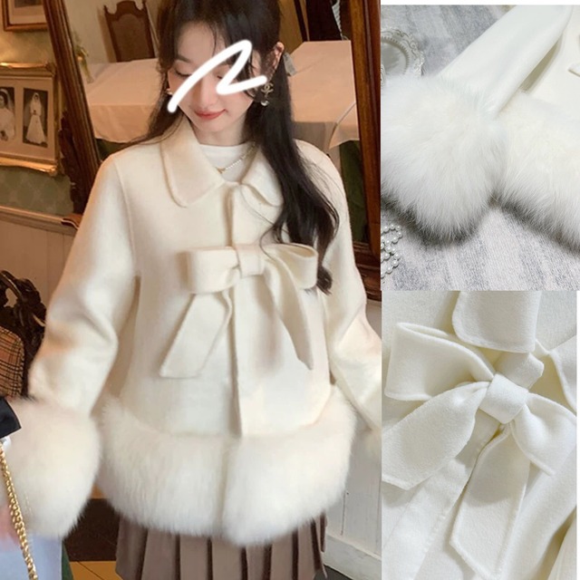 白 リボン お嬢様 ファー コート アウター ジャケット カーディガン 