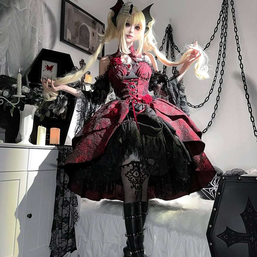ロリータファッション 深紅の薔薇レースゴスロリロングワンピース