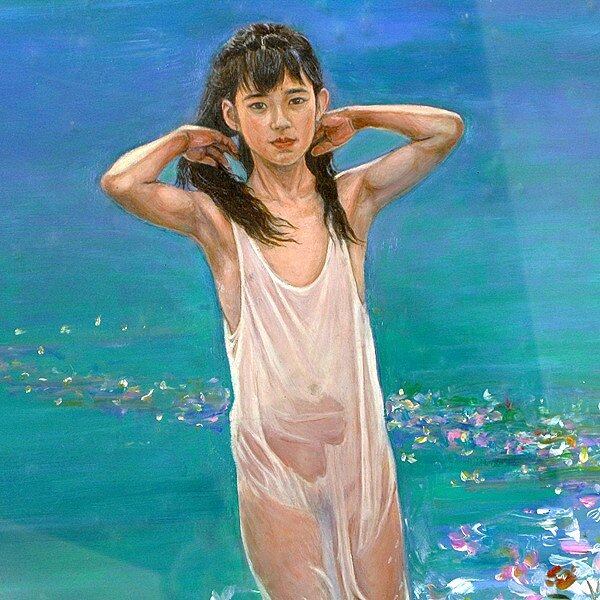有賀しげひさ作油絵 水辺の少女・No.130630-10・梱包サイズ140