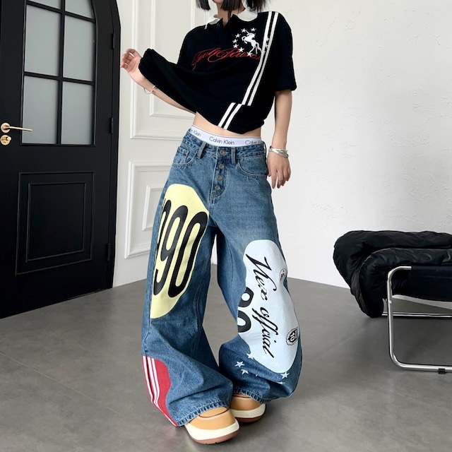 オーバルグラフィックダメージライクカーブデニムパンツ 2col R02531