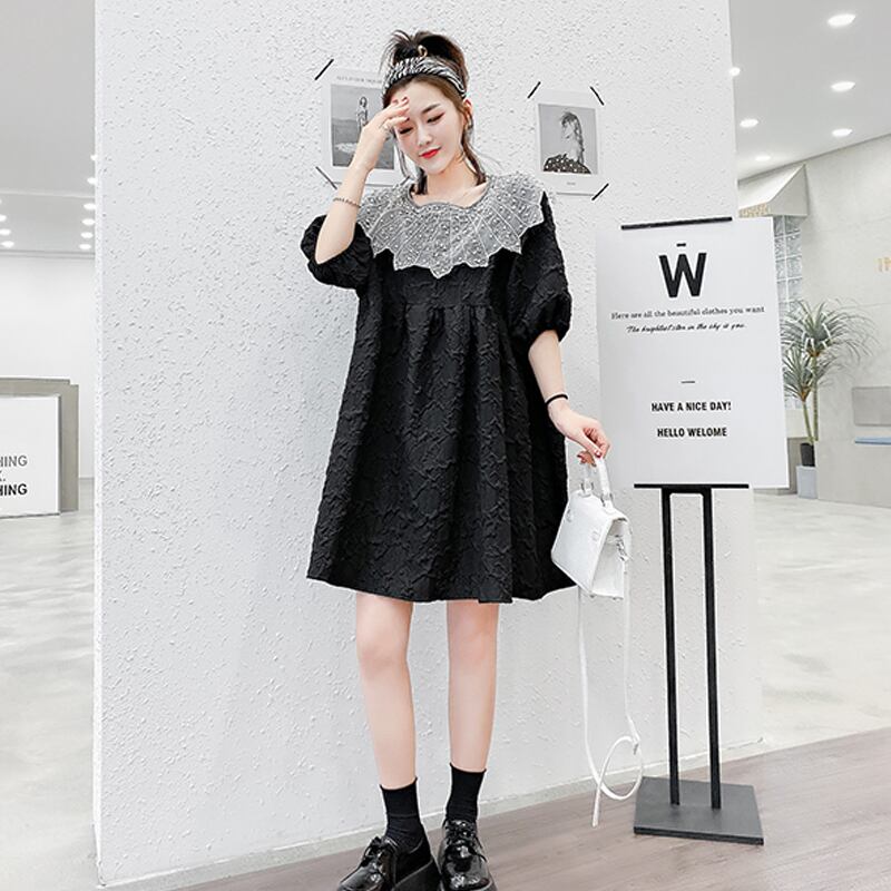 ラウンドネックドレス スプリング 大きめサイズ 春物 Oネック ミックスインファッション71166763240