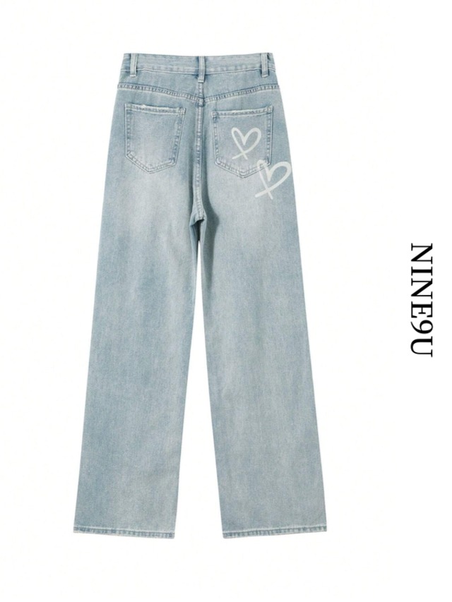 straight heart-print loose denim-pants【NINE-S7405】